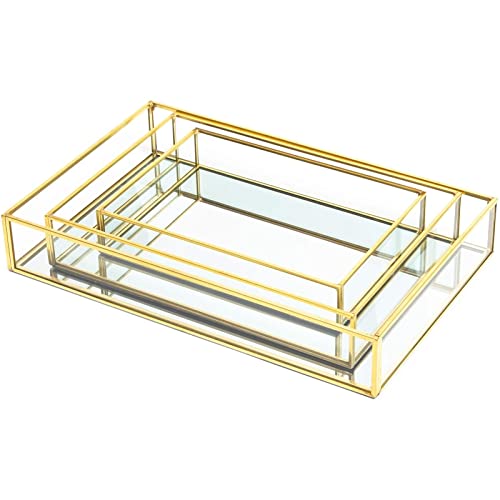 Juvale ACHZY Set Of 3 Gold Mirror Vanity Tray For Perfume, Makeup Display, Decorative Rectangle Glass Jewelry Organizer thumb #5
