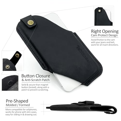 TobbinGear Left-Handed Leather Cell Phone Holster with Belt Clip, Universal Phone Holster for Men Belt Holder, Leather Case for iPhone, Samsung Galaxy Phones, Black, Medium