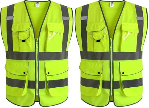 Image of JKSafety 9 Pockets Class 2 High Visibility Zipper Front Safety Vest With Reflective Strips,Meets ANSI /ISEA Standard (XX-Large, Yellow) (Pack of 2)