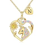 M MOOHAM Regalos de unicornio para niñas – Collares de unicornio chapados en oro de 14 quilates para niña, collar de girasol con circonita cúbica, collar con inicial para niños, joyería de unicornios