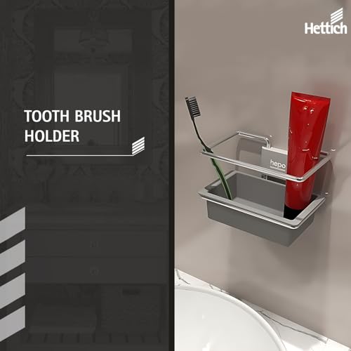 Image of Hepo Stainless Steel Bathroom Tooth Brush Holder Stand Storage Organizer, 1 Tooth Brush Holder | 1 Plastic Tray | 1 Cover Cap |3 Wall Fixing Screws (Grey, 150x100x70 mm) Set of 1