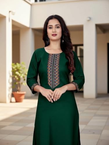 Image of Women A-line Cotton Blend Round Neck 3 /4 Sleeve Embroidered Kurti Only