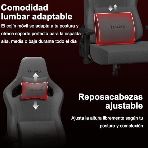 Devoko Silla Gaming Ergonómica de Tela Transpirable para Escritorio, Reposabrazos 3D Ajustables, Respaldo Reclinado 90–135°, Soporte Lumbar y Cervical Ajustable, Gris Carbón - imagen 8