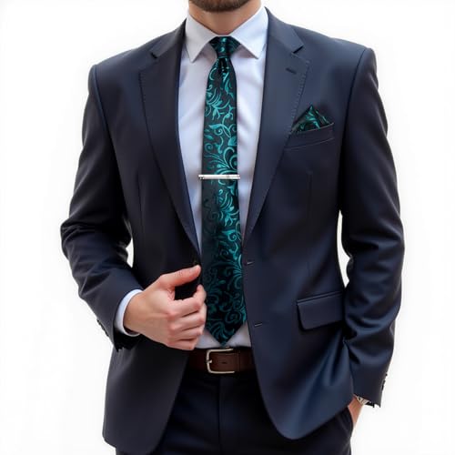 Image of DiBanGu Silk Floral Ties for Men Woven Paisley Necktie and Tie Clip Handkerchief Cufflinks Set for Party Wedding