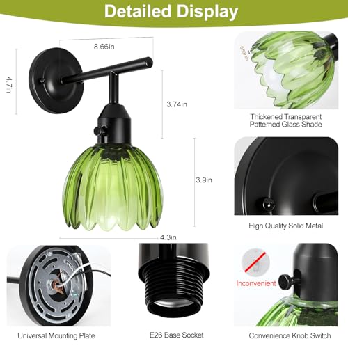 Image of Vintage Wall Sconces Set of 2 with Green Tulip Glass Lampshade, Hardwired and Wireless Wall Mounted Light Fixtures (2 Usage Methods), Black Lamp with Switch for Bedside Bedroom Living Room Wall Decor