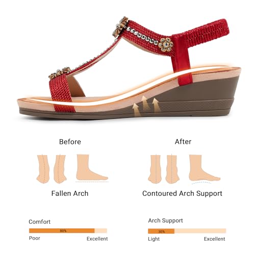 Image of Wedge Sandals for Women Dressy, Woman's Sandal Comfortable Low Wedges Heels Ankle Elastic Strap Sandles with Flower Rhinestones