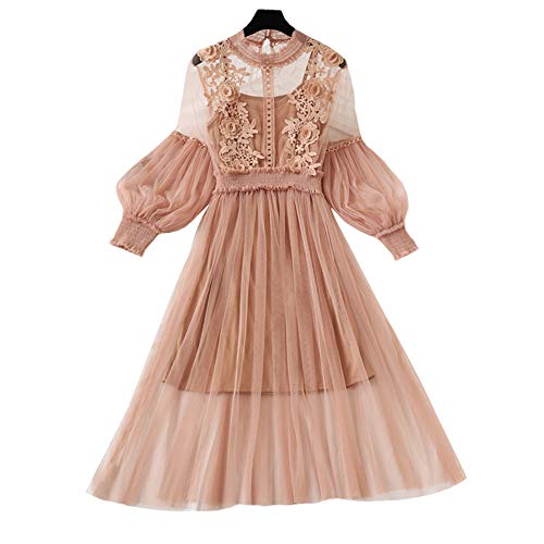 Damen Kleid mit ausgeschnittenen Puffärmeln, Blumenstickerei, Spitze, Netz, für Freizeit, Hochzeit, Cocktail-Party - Beige - Einheitsgröße