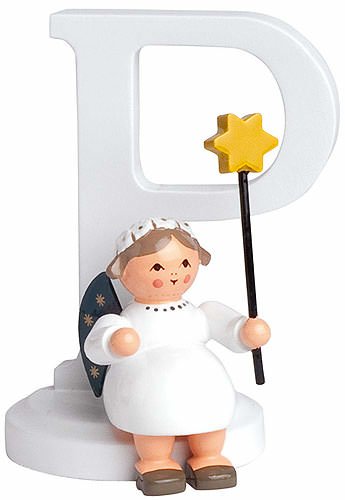 Lettre p avec Ange 7 cm en bois peint aux finitions soignées