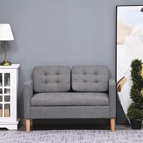 HOMCOM 2 Seater Storage Sofa Compact Cotton Loveseat w/Wood Legs Back Buttons Comfortable Padding Home Office Living Couch Furniture Grey