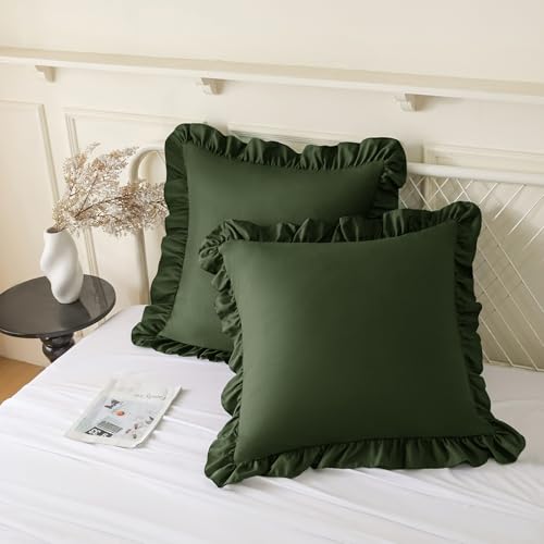 KKJIAF 2 Pack Ruffle Pillow Cases 20x20 Inches, Olive Green