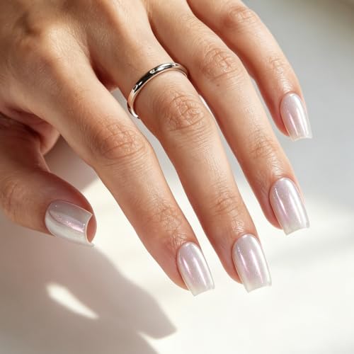 Image of Beetles White Cat Eye Press On Nails, Short Square, 30 PCS