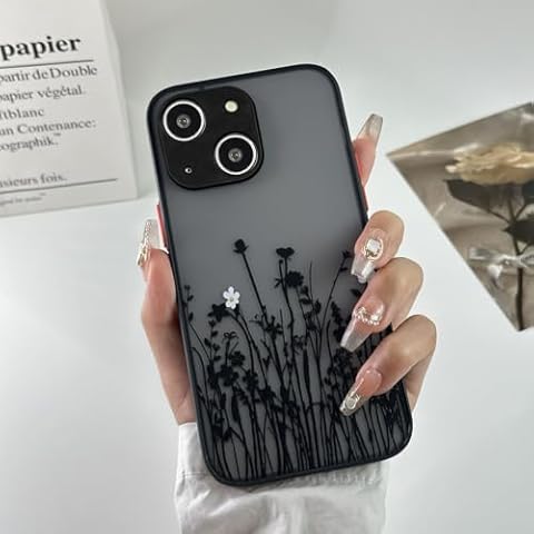 DYFYFKDI for iPhone 13 Case Aesthetic Vintage Black Floral Flower Pattern Cute Phone Case for Women Girls, Slim Fit Matte TPU Shockproof Protective Case, Black Cover