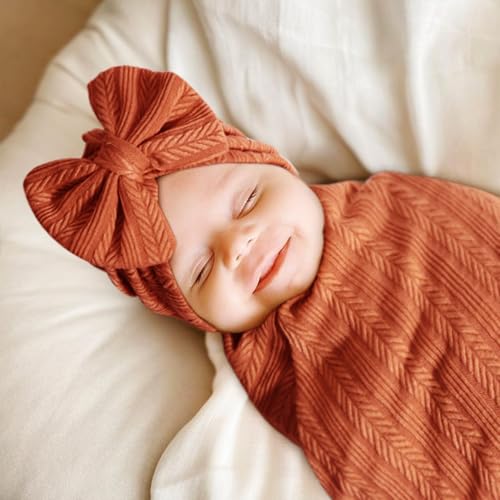 Image of AQOKKA Newborn Receiving Blanket with Bow Hat Mittens Wooden Card Set Wheat-Pattern Newborns Toddler Baby Boy Girl Nursery Swaddle Wrap