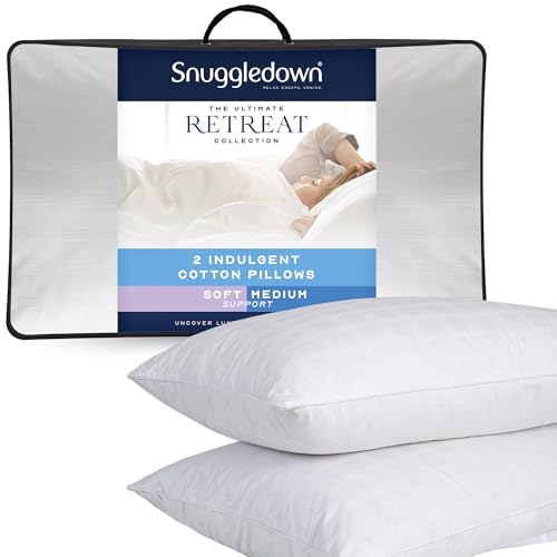 Snuggledown Luxury Cotton Pillows 2 Pack - Hotel Quality Ultra-Soft Pillow for Restful Sleep | UK-Made, 300tc Jacquard Cotton Cover, Non-Allergenic & Washable (48 x 74cm)