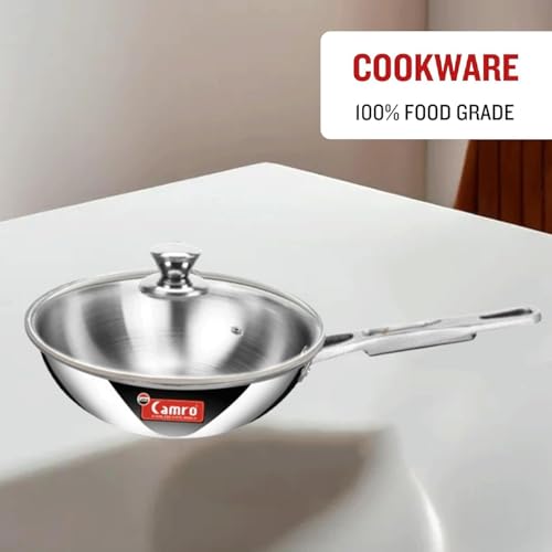 Image of Camro Triply Artisian Deep Fry Pan 1.8 Liters with Glass Lid | Steel Pan | Induction Friendly | Omelette | Gas Stove Compatible | Dishwasher Safe | 6 Years Warranty