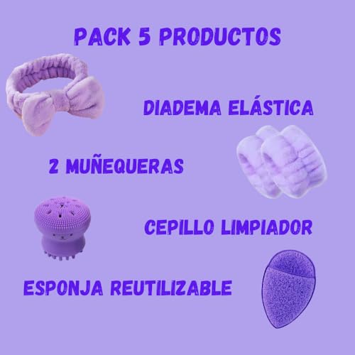 Diadema Elástica para Maquillaje, Diseño en Rosa, Fucsia y Lila (Diadema y Muñequeras Lila + Esponja + Cepillo Limpiador Facial, Grande) - imagen 2