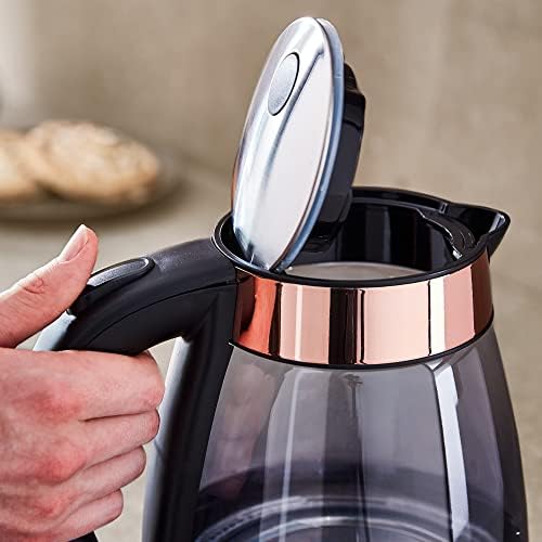 Tower T10058RG Smoked Schott Glass Kettle with Automatic Cut-Off and Boil Dry Protection, 1.7L, 3KW, Black and Rose Gold
