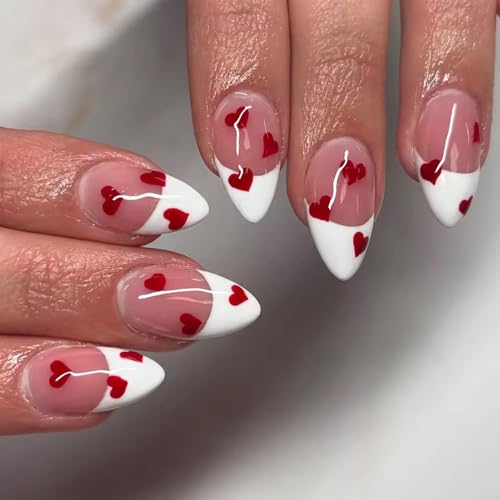 28Pcs Valentines Nails Heart Press on Nails Medium Almond Fake Nails White French Tip Glue on Nails Red Heart False Nails Glossy Full Cover Cute Stick on Nails Valentines Acrylic Nails for Women