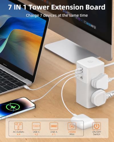 Image of Tower Power Plate 7 Extension Board, 70W Fast Charging, 4 Universal Sockets, 2 Type-C Ports, 1 USB Port, 200CM Power Cord, 2500W, 2500W High Power with GaN Technology for Home & Office (SC4383)