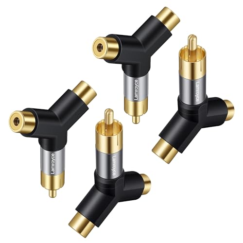 RCA Y-Splitter Adapter 4 Pack,1 RCA Male to 2 RCA Female Stereo Audio Subwoofer Car Audio Extension Metal Gold-Plated Converter Connector Compatible with Home Theater, Hi-Fi System, Amplifier, Speaker