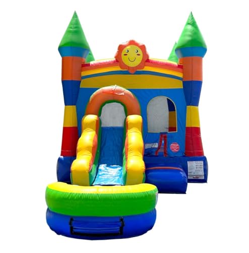 Inflatable Bounce House with Slide for Kids - 26.5 x 12 x 14.5 Foot Backyard Rainbow Castle Smiley Face Combo Bouncer with Water Pool, Outdoor Jumpers - Includes Blower, Anchor Stakes, and Storage Bag