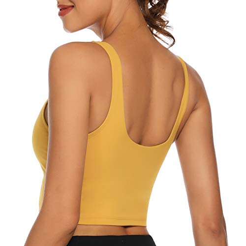 Lemedy Women Sports Bra Longline Crop Tank Top Padded Workout Running Yoga (L, Yellow) #TOP2