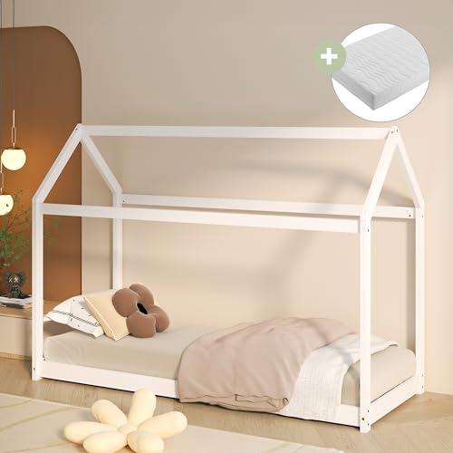 Sunny Zoey lozeczko dzieci?ce z drewna w kolorze bialym | lozeczko dzieci?ce w ksztalcie domku wraz z materacem hybrydowym 90 x 200 (14 cm, pianka hybrydowa, pokrowiec poliestrowy) | 206 x 98 x 154