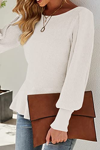Image of Womens Fall Puff Sleeve Peplum Casual Slim Fit Knit Pullover Sweater Jumper Tops