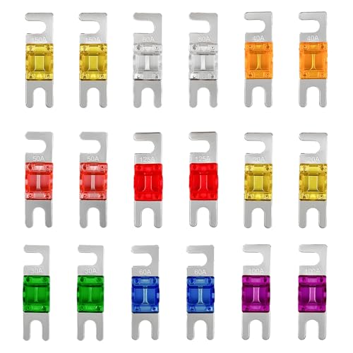 KAUEGOW 18 PCS Mini ANL Fuse, 20A 30A 40A 50A 60A 80A 100A 125A 150A ANL Blade Fuse Replacement, Plated Fuses Kit for Automotive Marine Audio Video Electronic System, Car Accessories