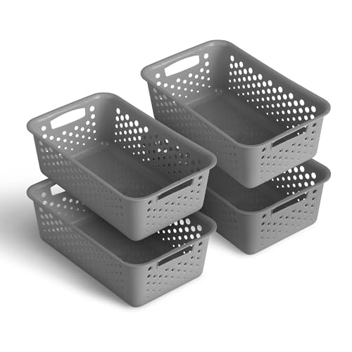 Lot de 4 paniers de rangement 2L avec poignées - Sans BPA - Organisateur (25 x 16 x 8 cm/Anthracite) - Corbeille pour salle de bain, cuisine, chambre à coucher, panier ménager