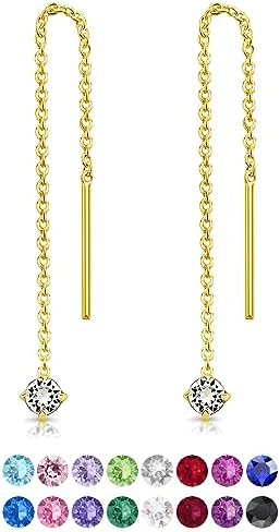 DTPsilver® 925 Sterling Silver Yellow Gold Plated SMALL Pull Through Drop Chain Earrings & MINI Round Dangling 3 mm Glittering Crystals from Swarovski® Elements - Length 57 mm