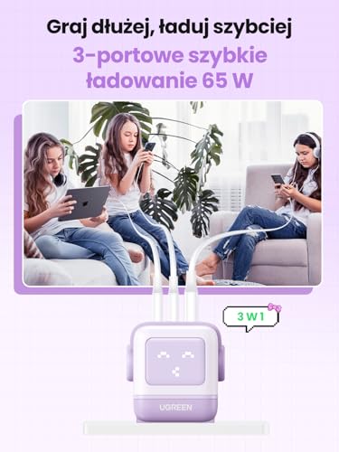 UGREEN Uno USB C Charger 65W USB C Power Supply 3-Port Fast Charger LED Display kompatybilny z MacBook Pro/Air, iPad, iPhone 15 Pro Max, Galaxy S24 Ultra, Steam Deck (fioletowy)