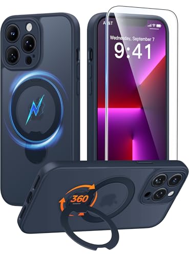 Image of FNTCASE for iPhone 13 Pro-Max Case: [360 Spin Magnetic Stand] [Compatible with Magsafe] [Screen Protector] Translucent Matte Military Grade Shockproof Full Camera Protective Phone Cover - Deep Blue