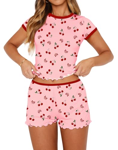 Image of Lacozy Cute Pajamas for Women Set 2 Piece Short Sleeve Pjs Floral Graphic Crop Top Y2K Summer Sleepwear Lounge Set