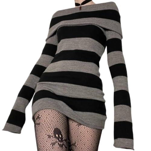 Pokn Off The Shoulder Long Sleeve Top - Y2K Goth Striped Sweater