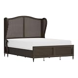BOWERY HILL Transitional Wood Queen Bed, Wing Back Headboard, Cane Panel Insets, Oiled Bronze Finish, 59' H x 65.75' W x 83' D, Sturdy Bedroom Furniture for Restful Retreat