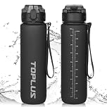 TOPLUS Sports Water Bottle 1L, BPA-Free Tritan Plastic Water Bottle for teenagers, adults, sports, hiking, gym, fitness, outdoor activities, cycling, school and office，Black (Black-1l)