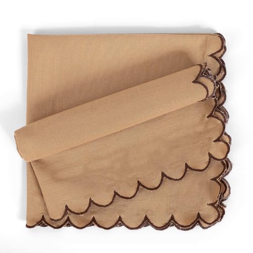 Image of FINGERCRAFT Scallop Edge Cloth Napkins | Set of 6 | 20x20 Inches | 100% Cotton | Table Napkins for Any Occasion | Washable, Perfect for Parties and Everyday Use (Brown Slub, Set of 6)