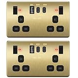 LIDER 2-Gang Switched Socket, USB TYPE C&A Ports, LED Power Indicator, Always-On USB Ports, 25W Combined Output, Stainless Steel, UKCA Certified, Brushed Brass, 2 Pack (Use a 35mm-deep back box)