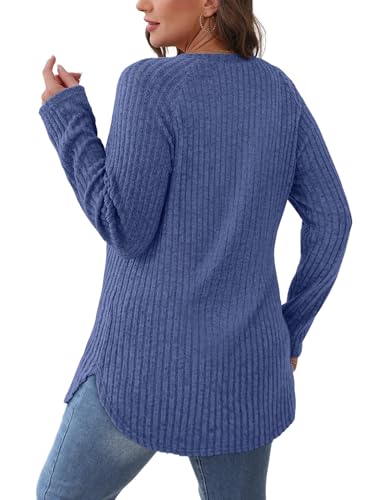 Image of Saloogoe Long Sleeve Shirts for Women 2025 Fall Clothes Tunic Tops Loose Fit Dressy Crewneck Pullover Sweaters Curved Hem