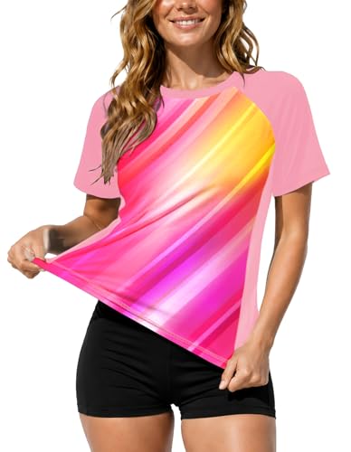 Image of AOBUTE Women Short Sleeve Rash Guard UPF 50+ Tropical Sun Protection Floral Swim Shirts