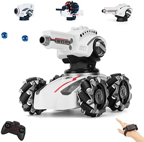 3in1 RC Car Tank,Kids Stunt Shooting Water Bomb Remote Gesture Control Car, Blow Bubble, Shoot Foam 360°Rotating LEDs Music Toy Gifts 6 7 8 9 10 11 12 Years Old Boys Girls (3 in 1 White)