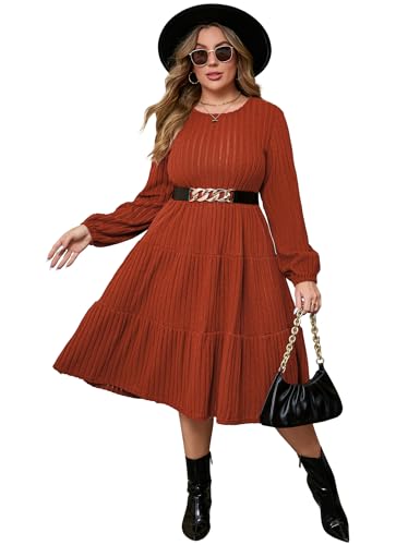 ShopWonder Women Plus Size Knit Sweater Dress Round Neck Long Sleeves Comfy Pullover Winter Midi Dress with Belt