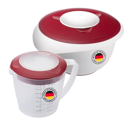 Westmark Rührschüssel (2,5 l) und Rührbecher Helena (1,4 l) – Rührschüssel mit Spritzschutzrand und Gummiring – Becher mit Ausgießer und Messskala – Weiß/Rot