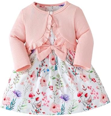 Rosibel Toddler Baby Girls Dress and Cotton Cardigan Set for 12-18M Pink