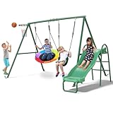 Hapfan 440lbs Swing Sets with Slide for Backyard, Swingset Outdoor for Kids, Heavy Duty Metal Playset, Saucer Swing, Belt Swing, Basketball Hoop
