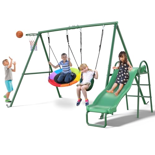 Hapfan 440lbs Swing Sets with Slide for Backyard, Swingset Outdoor for Kids, Heavy Duty Metal...