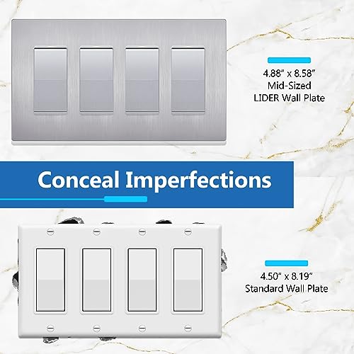 Image of LIDER Decorator Switch Cover, Screwless Wall Plate, Mid-Size 4-Gang 4.88 inch x 8.58 inch, LSWP-34M-BSV, UL Listed, Thermoplastic, Brushed Silver, 1-Pack