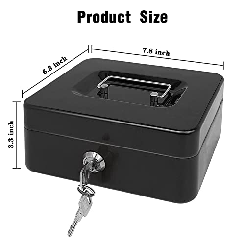 Steel Cash Box with Key Lock, Metal Small Money Organizer with Money Tray,Cash Storage Box with Lockable Cover (Black - 8 inch)