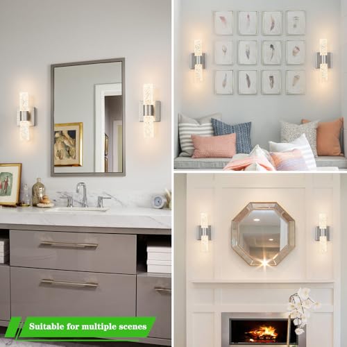 Image of Brushed Nickel Wall Sconces Set of 2, LED Bathroom Vanity Light Fixtures, Hardwired Crystal Sconces Wall Lighting Over Mirror, LED Wall Mount Lights for Bedroom Hallway Indoor, 10W